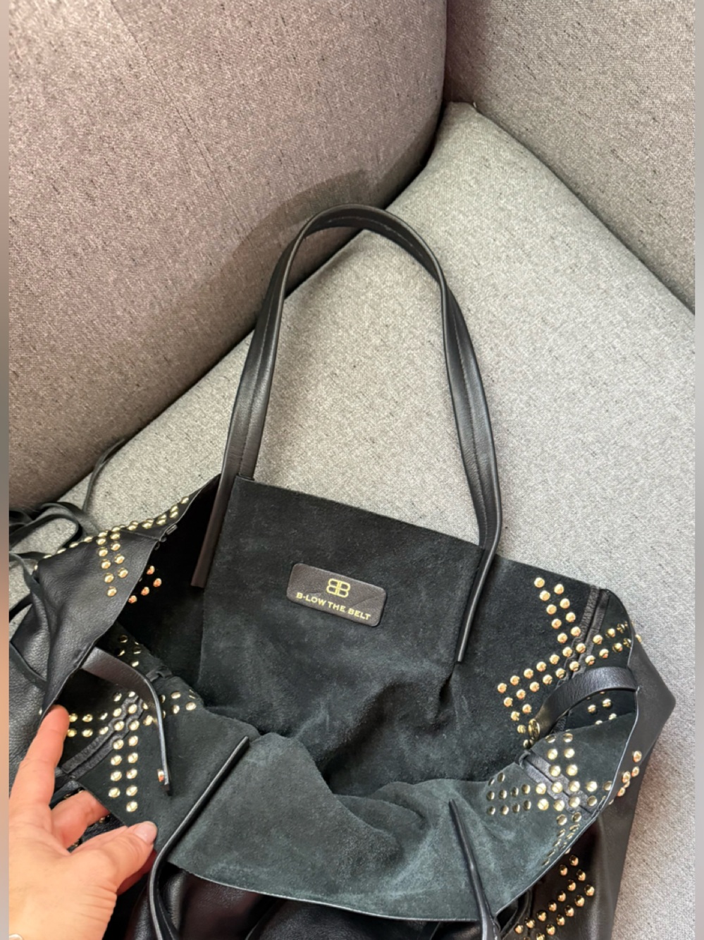 Blow The Belt Black Leather Studded Fringe Tote Bag Large Shoulder Bag Boho West - Picture 5 of 10